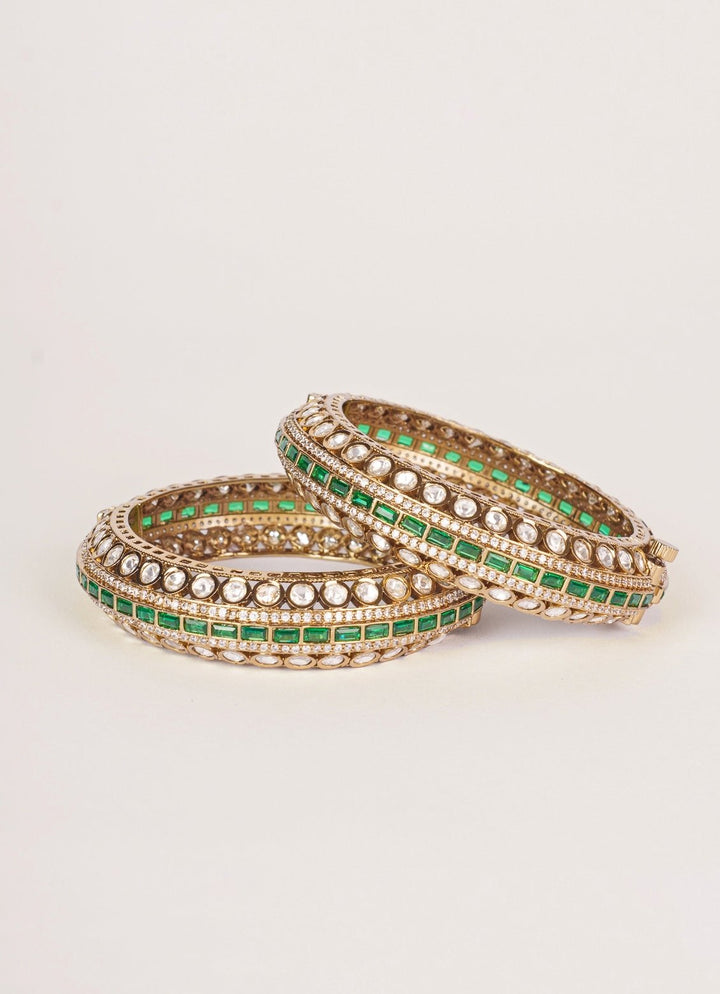 Green Stone And Sparkling Polki Bangle Set Zevar by Geeta - Fabilicious Fashion