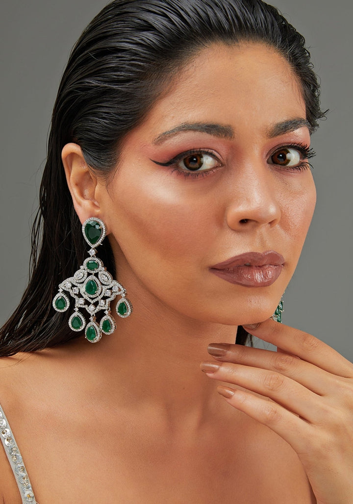 Green Stone Faux Diamond Dangling Earrings Zevar by Geeta - Fabilicious Fashion