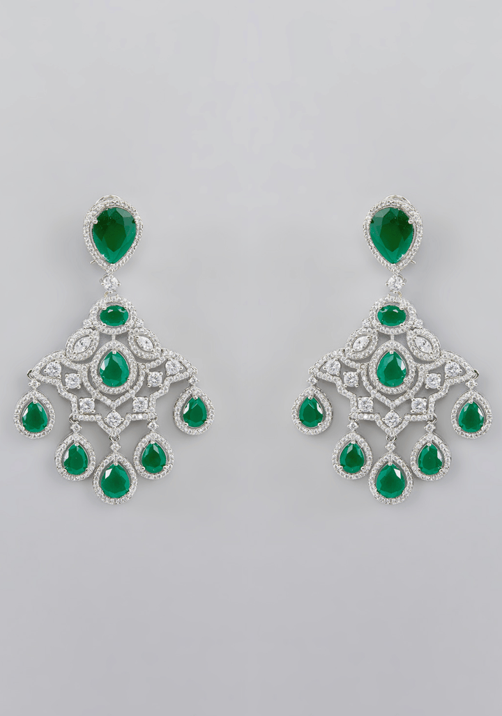 Green Stone Faux Diamond Dangling Earrings Zevar by Geeta - Fabilicious Fashion