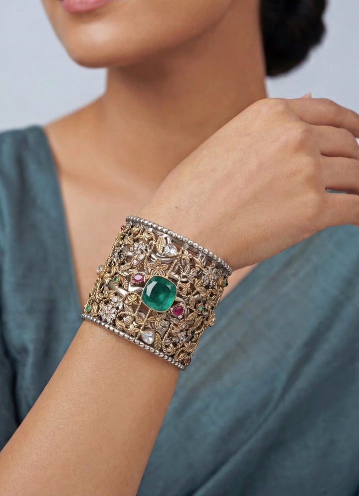 Green Stone Gold Finish Cuff Bracelet With Multicolor Stones Zevar by Geeta - Fabilicious Fashion
