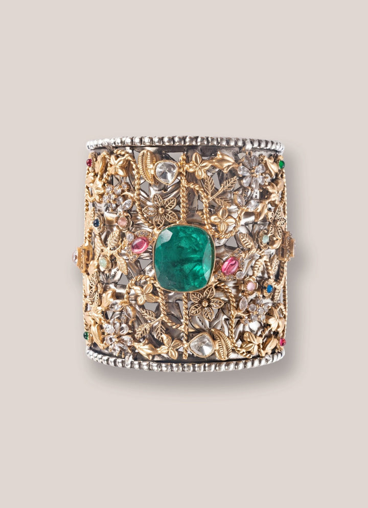 Green Stone Gold Finish Cuff Bracelet With Multicolor Stones Zevar by Geeta - Fabilicious Fashion