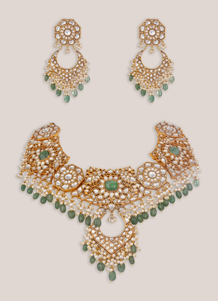 Zevar by Geeta Green Stone Gold Plated Bridal Necklace SetFabilicious Fashion