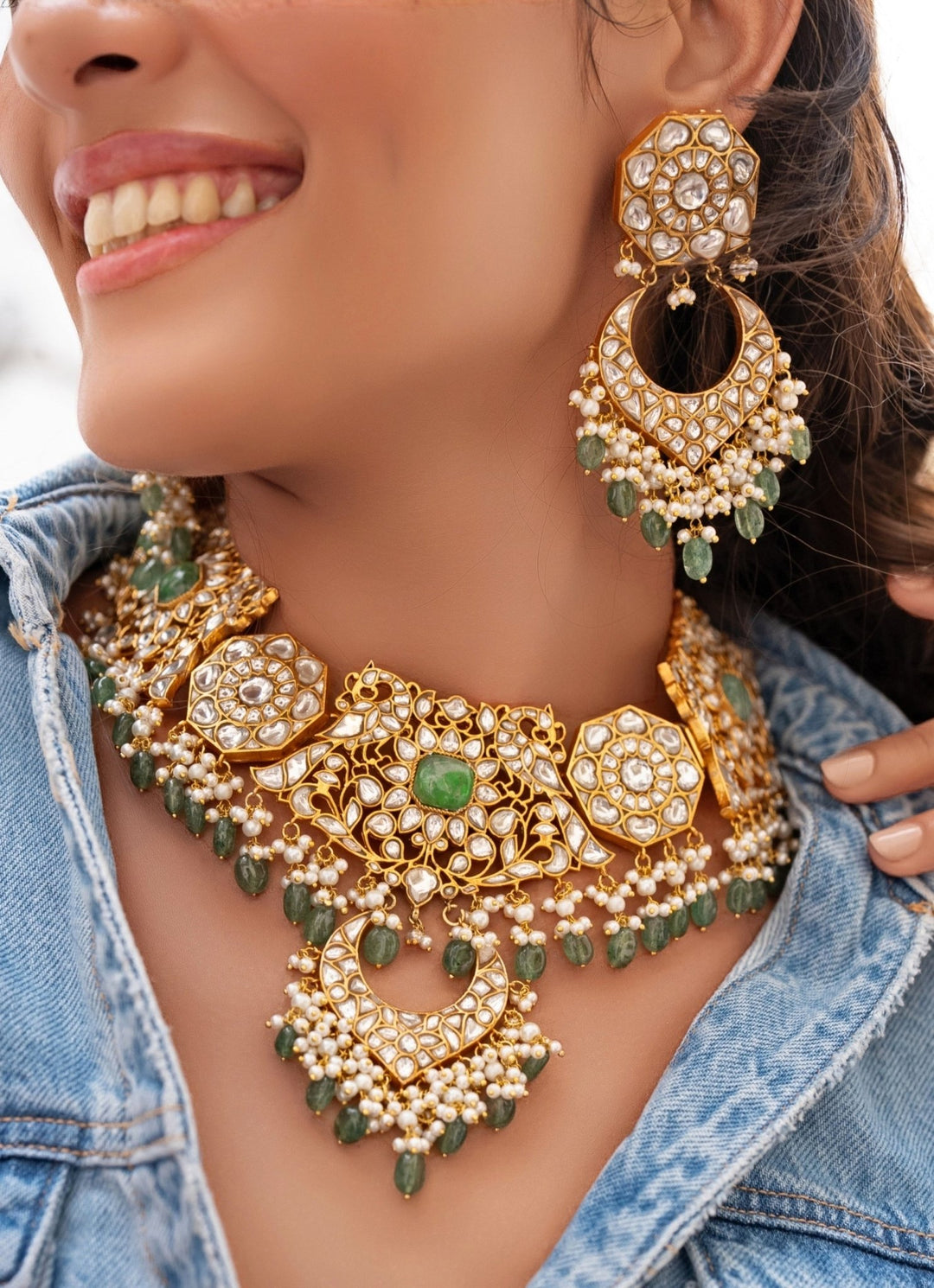 Zevar by Geeta Green Stone Gold Plated Bridal Necklace SetFabilicious Fashion