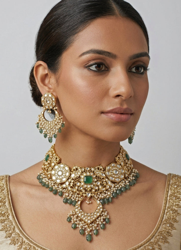 Zevar by Geeta Green Stone Gold Plated Bridal Necklace SetFabilicious Fashion