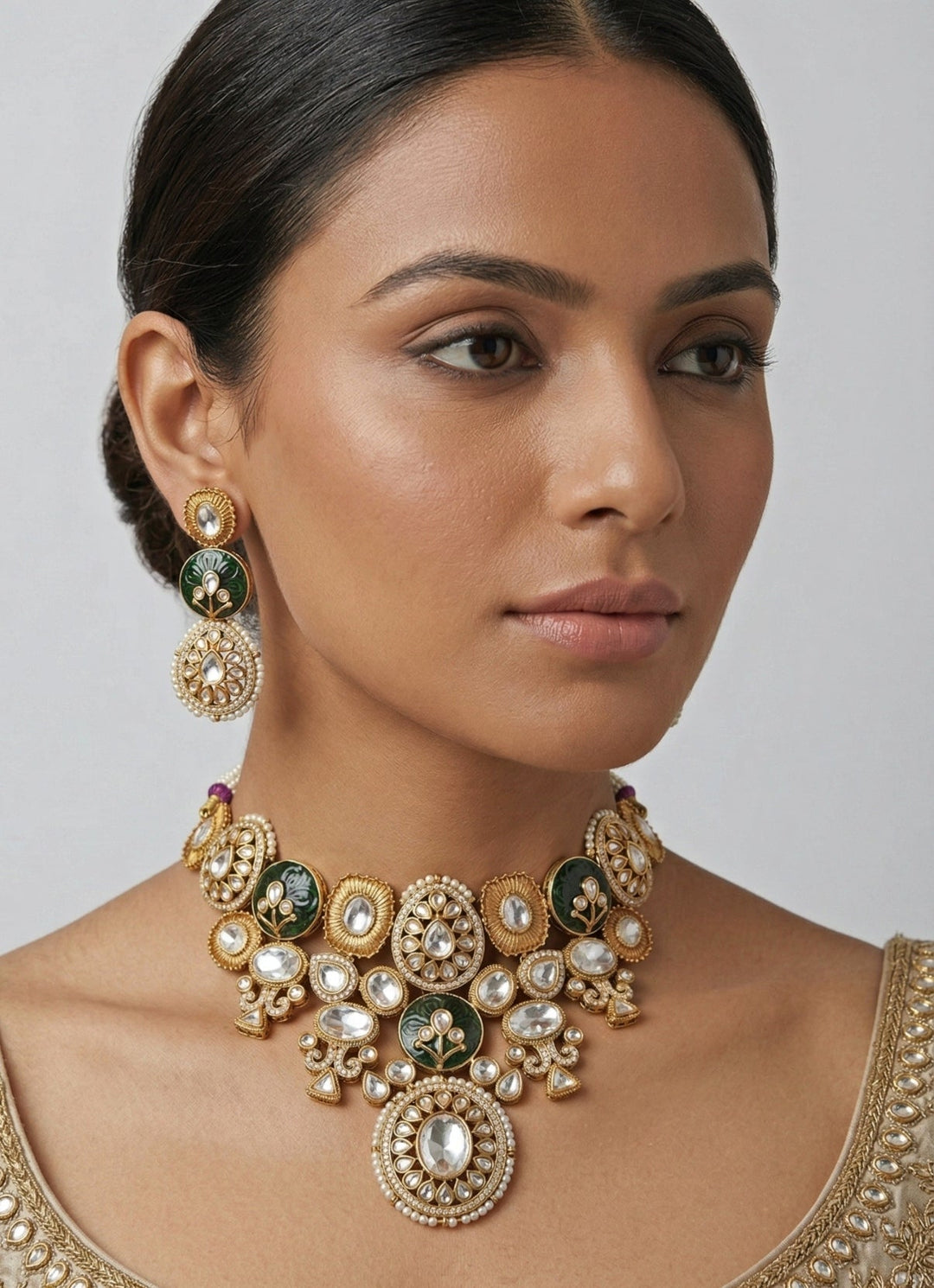 Zevar by Geeta Green Stone Gold Plated Kundan Necklace SetFabilicious Fashion