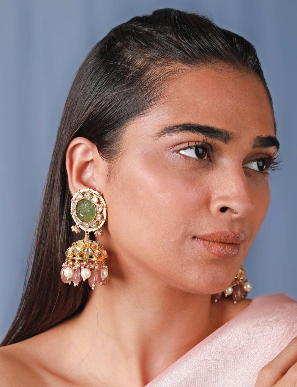 Green Stone Jhumki Earrings Riana by Shikha Jindal - Fabilicious Fashion