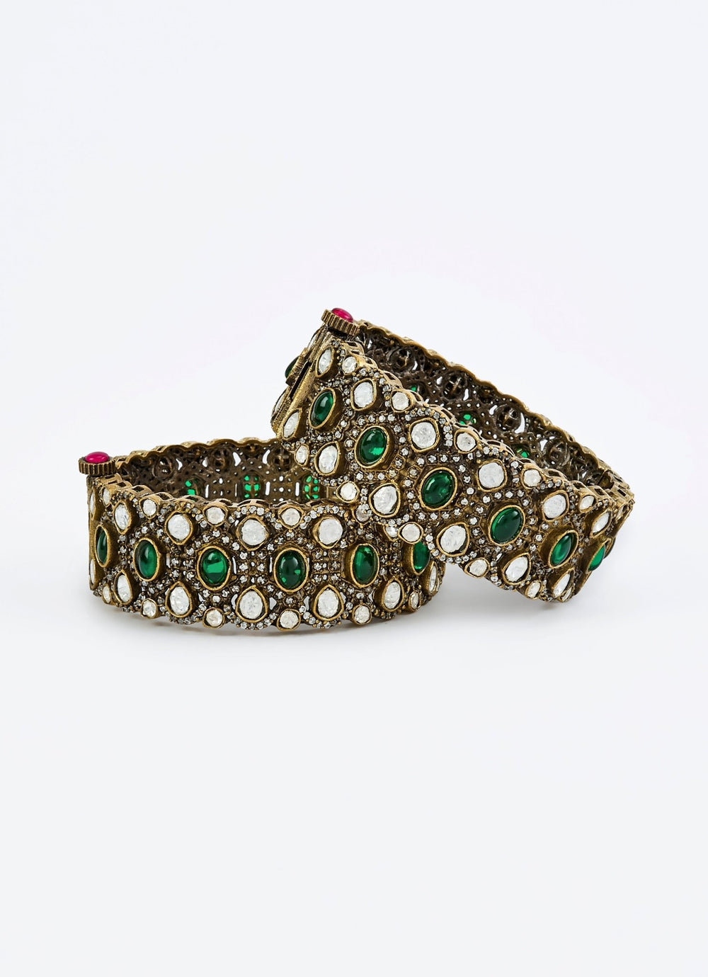 Green Stone Kundan And Polki Gold Plated Bangles Vivinia by Vidhi Mehra - Fabilicious Fashion