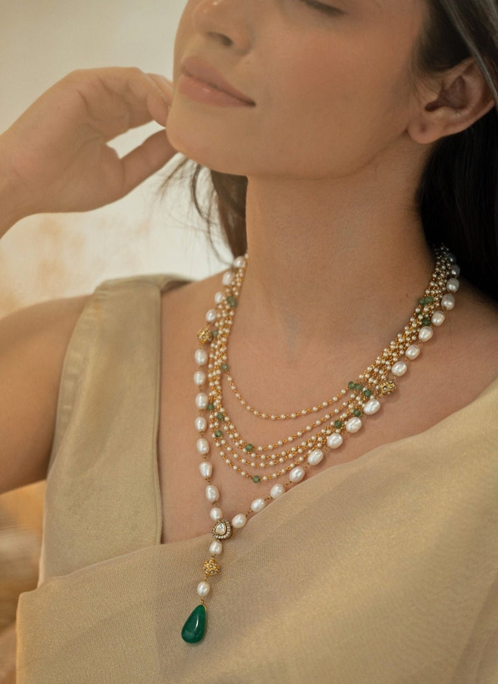 Do Taara Green Stone Layered Pearl NecklaceFabilicious Fashion