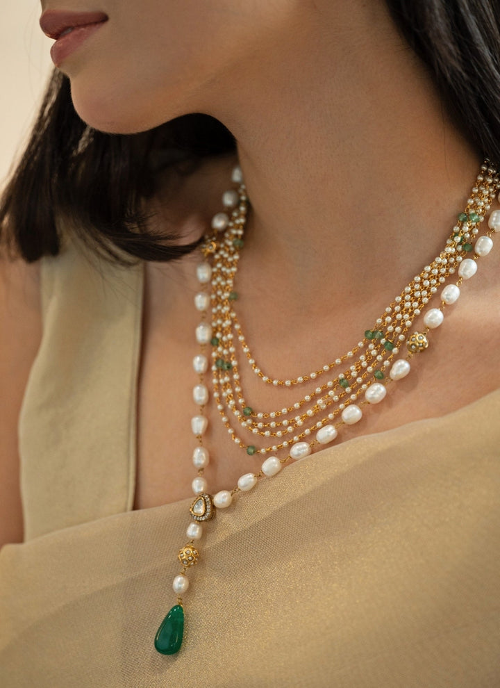 Do Taara Green Stone Layered Pearl NecklaceFabilicious Fashion