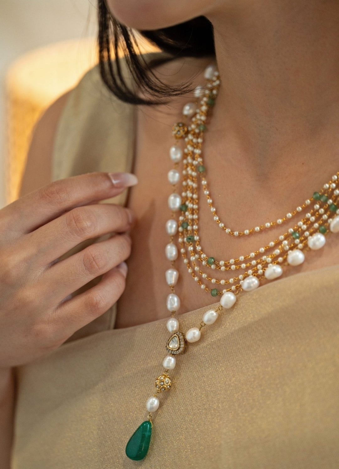 Do Taara Green Stone Layered Pearl NecklaceFabilicious Fashion