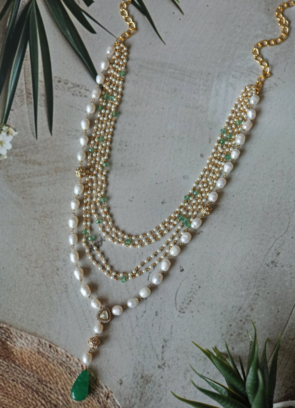 Do Taara Green Stone Layered Pearl NecklaceFabilicious Fashion
