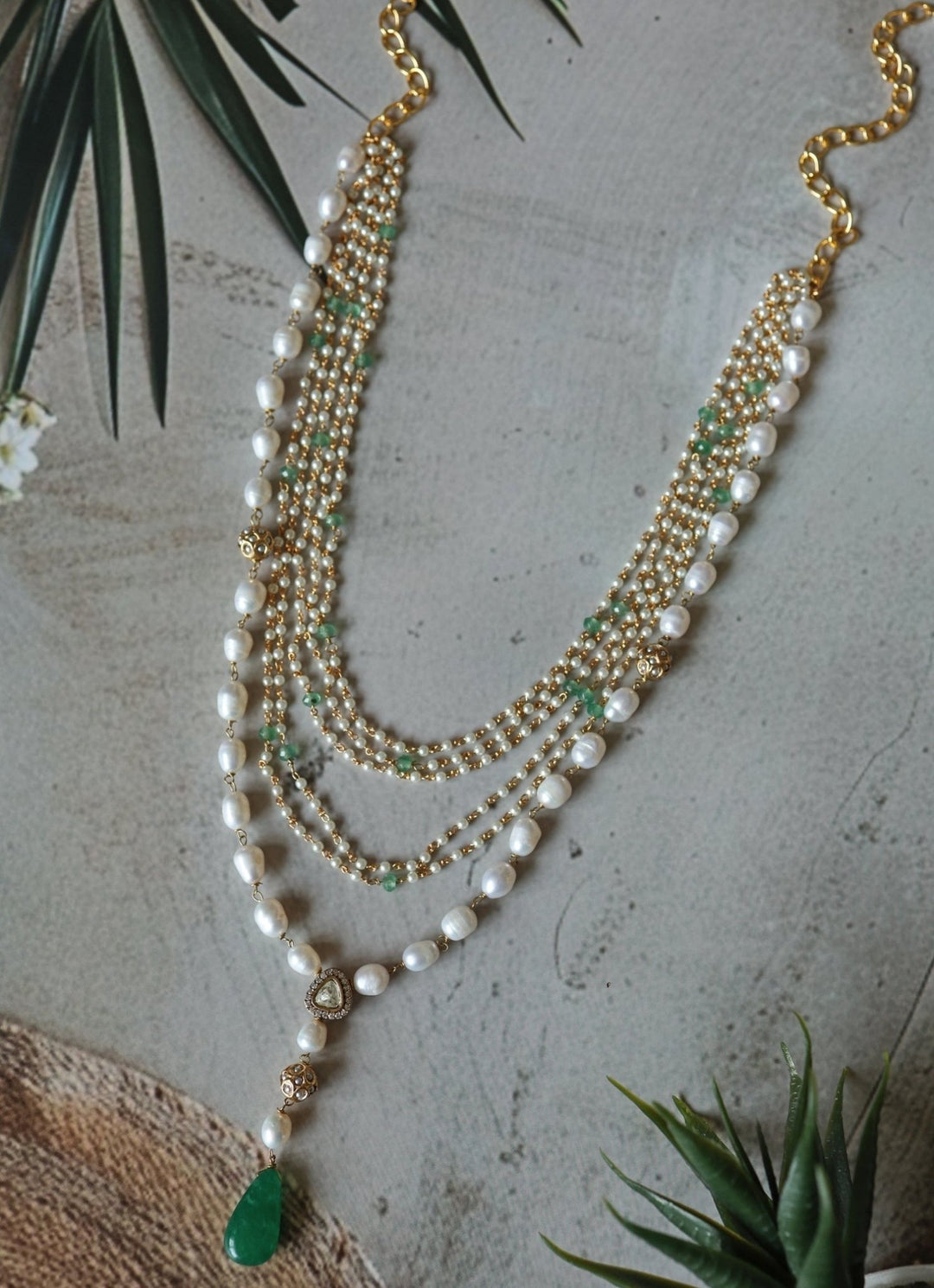 Do Taara Green Stone Layered Pearl NecklaceFabilicious Fashion