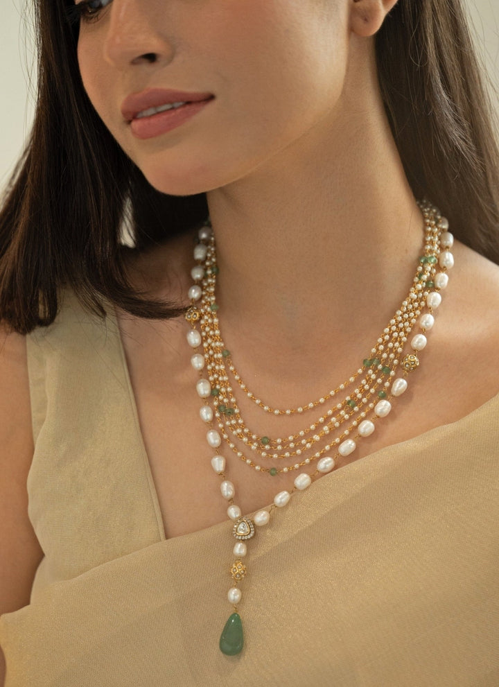 Do Taara Green Stone Layered Pearl NecklaceFabilicious Fashion