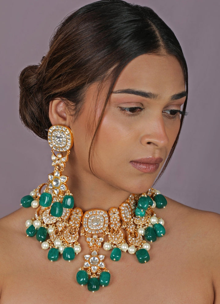 Riana Jewellery Green Stone Matte Gold Bridal Necklace SetFabilicious Fashion