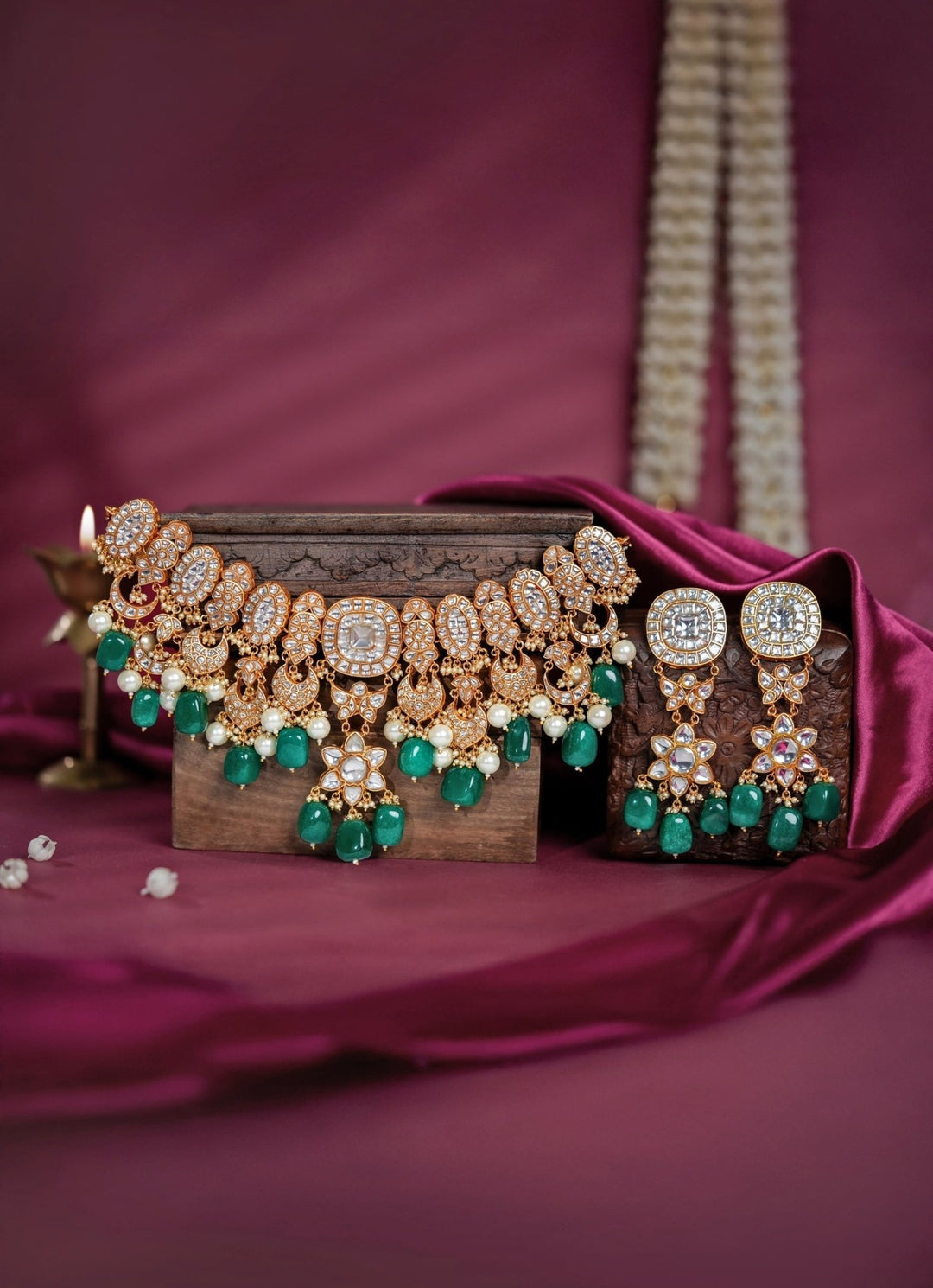 Riana Jewellery Green Stone Matte Gold Bridal Necklace SetFabilicious Fashion