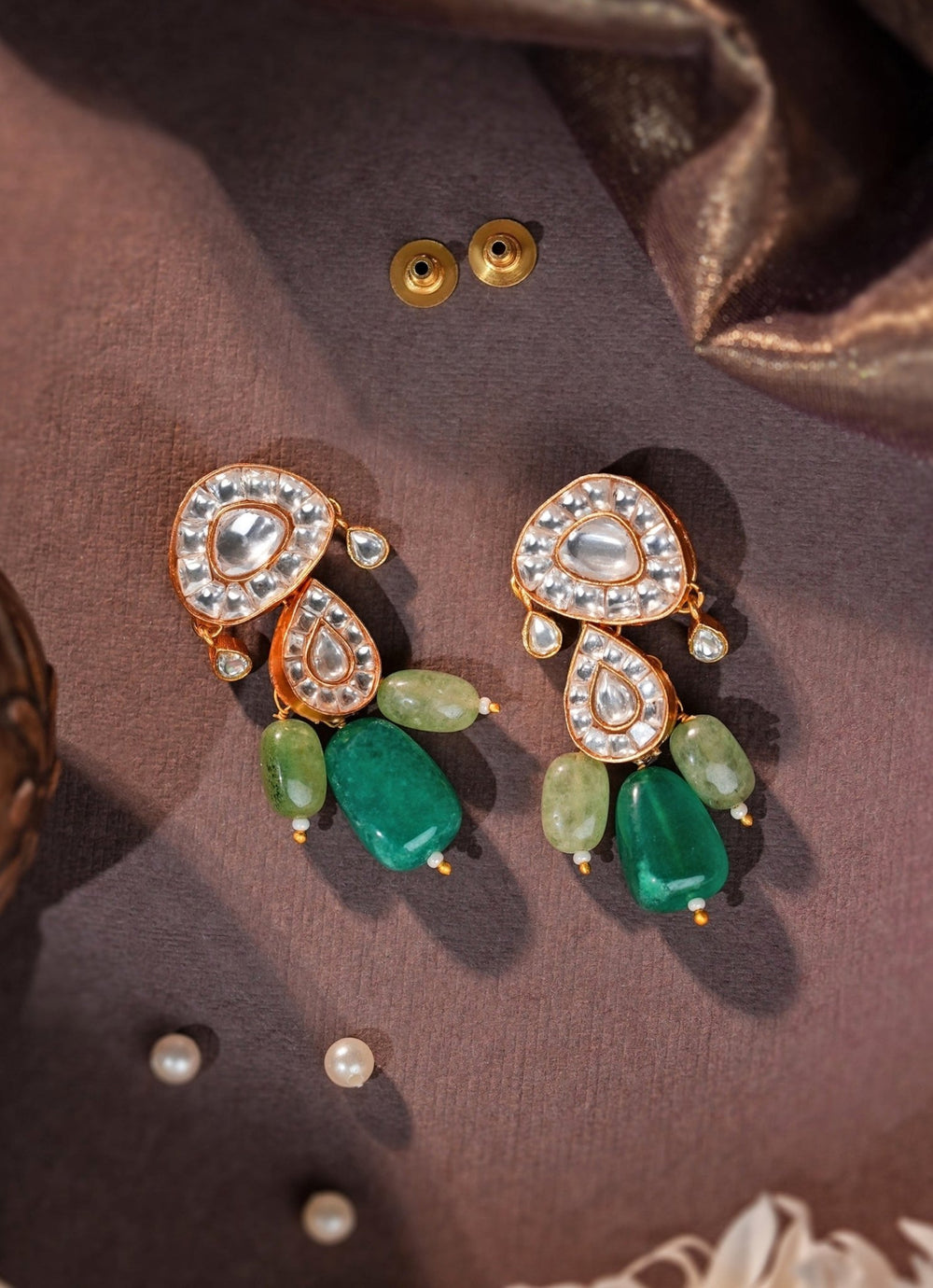 Green Stone Matte Gold Earrings Riana Jewellery - Fabilicious Fashion