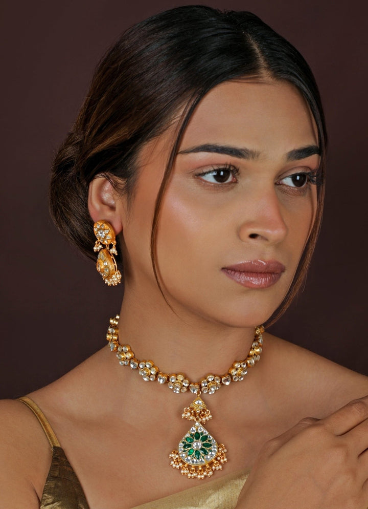 Riana Jewellery Green Stone Matte Gold Necklace SetFabilicious Fashion