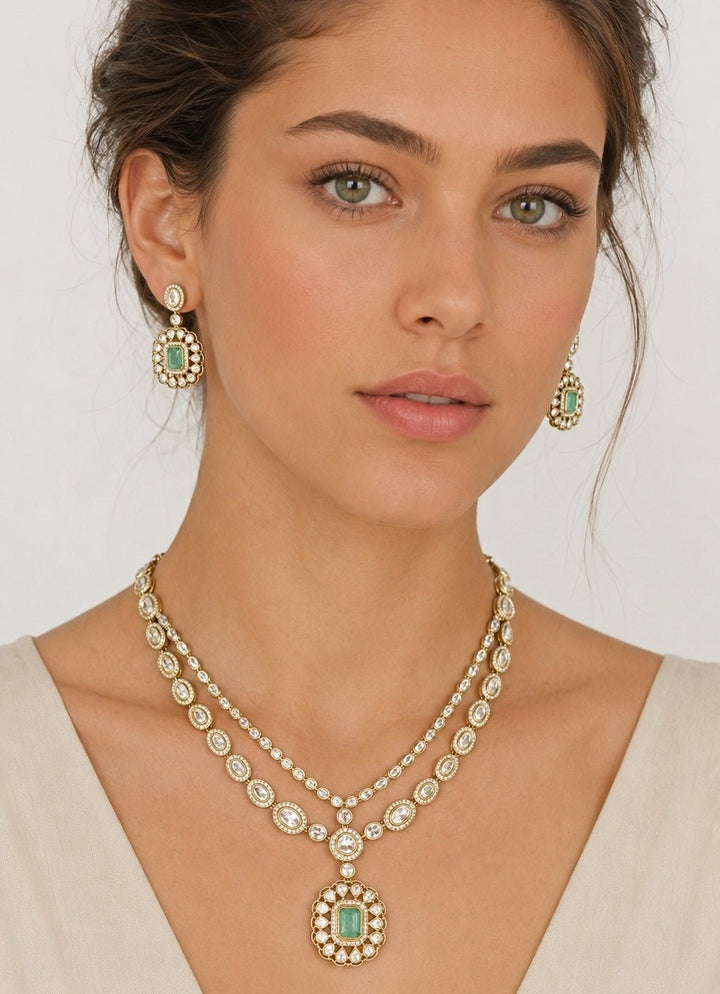 Zevar by Geeta Green Stone Polki Pendant Necklace SetFabilicious Fashion