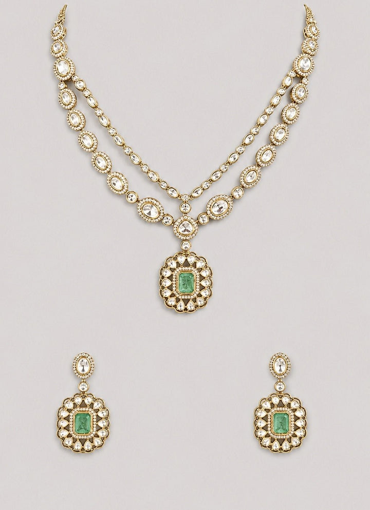 Zevar by Geeta Green Stone Polki Pendant Necklace SetFabilicious Fashion