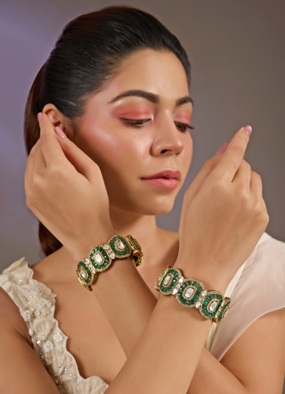 Green Stone Studded Designer Bangles Vivinia By Vidhi Mehra - Fabilicious Fashion