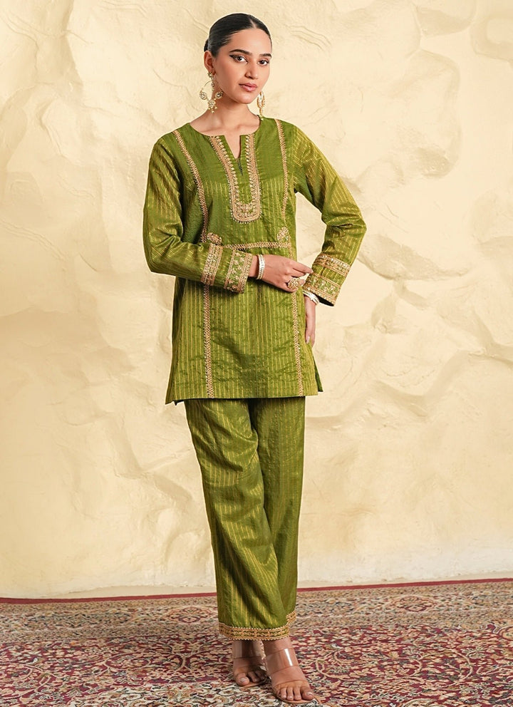 Nidhika Shekhar Green Strip Chanderi Kurta Pants SetFabilicious Fashion
