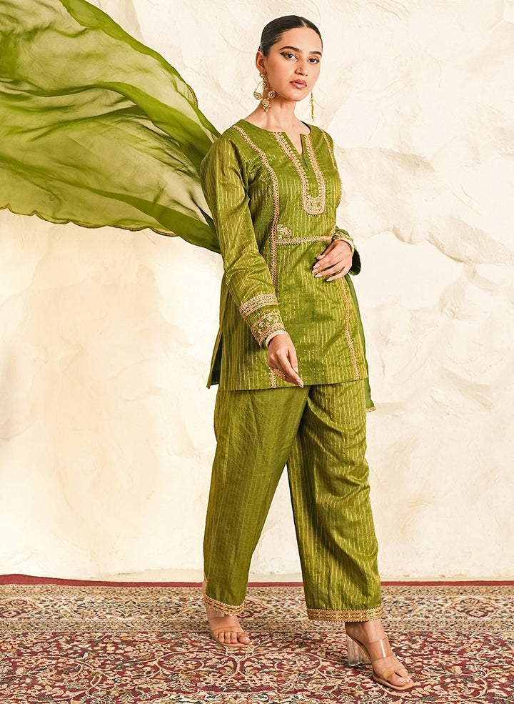 Nidhika Shekhar Green Strip Chanderi Kurta Pants SetFabilicious Fashion