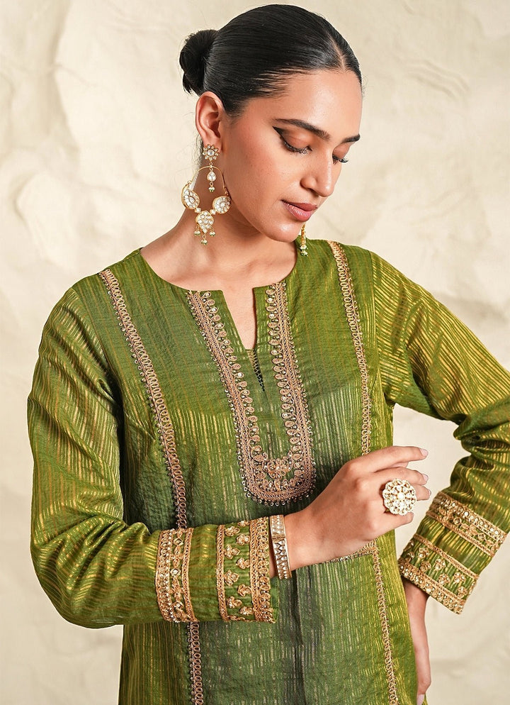 Nidhika Shekhar Green Strip Chanderi Kurta Pants SetFabilicious Fashion