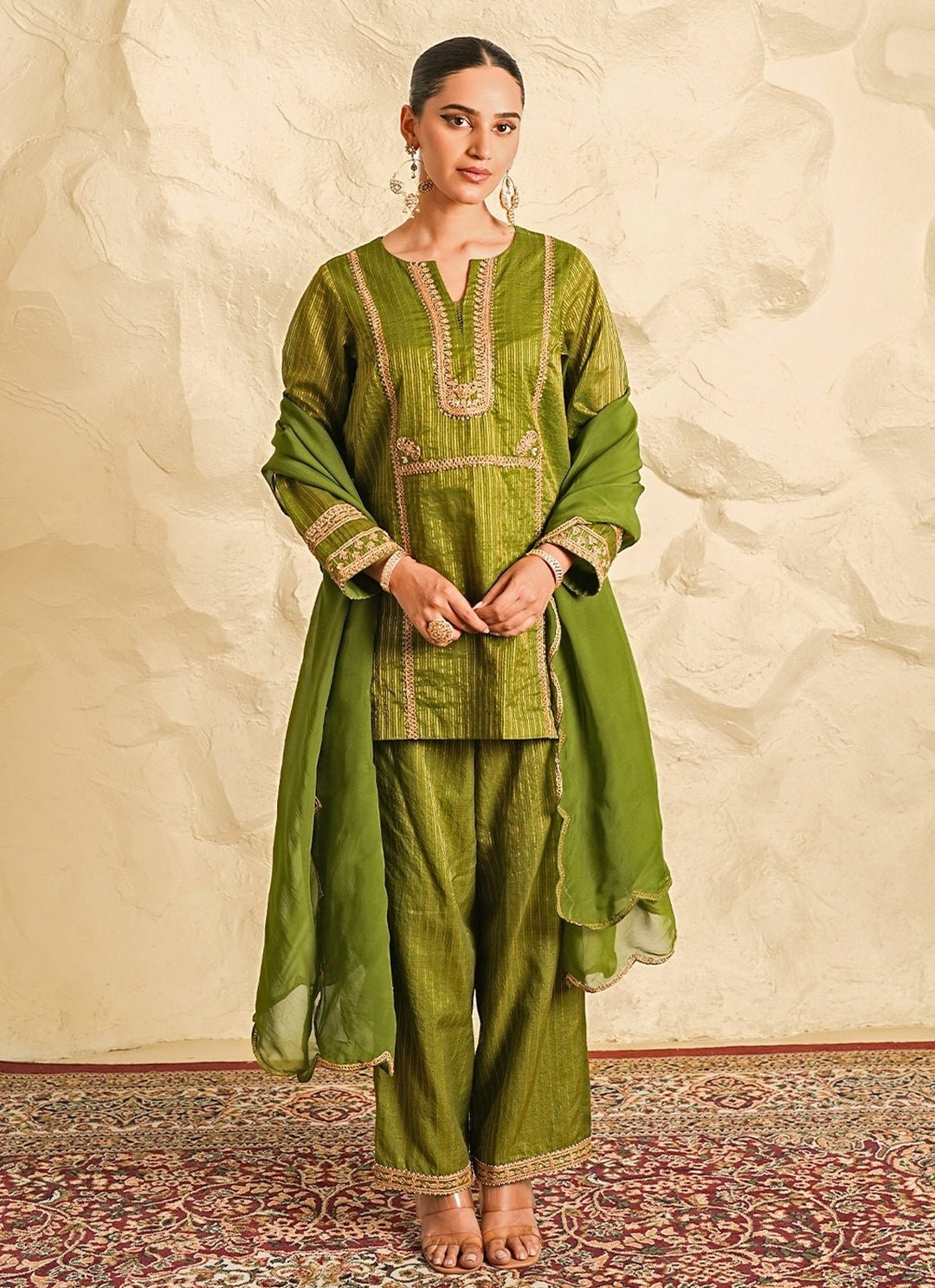 Nidhika Shekhar Green Strip Chanderi Kurta Pants SetFabilicious Fashion