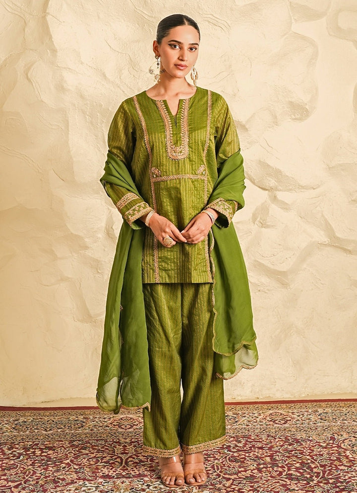 Nidhika Shekhar Green Strip Chanderi Kurta Pants SetFabilicious Fashion