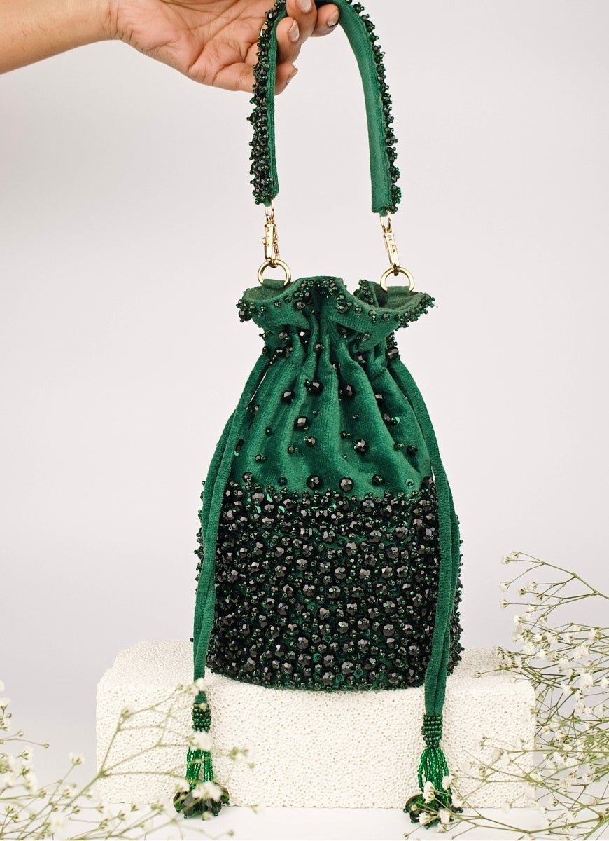 Green Suede Crystal Embellished Bucket Bag House of Kosha - Fabilicious Fashion