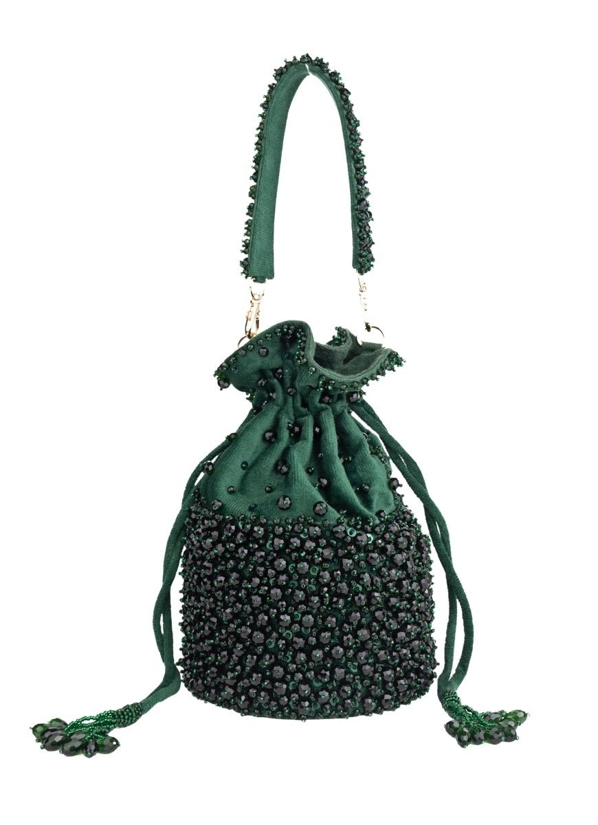 Green Suede Crystal Embellished Bucket Bag House of Kosha - Fabilicious Fashion