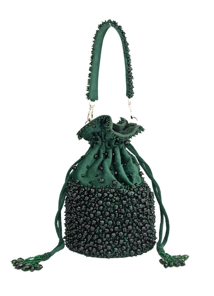 Green Suede Crystal Embellished Bucket Bag House of Kosha - Fabilicious Fashion