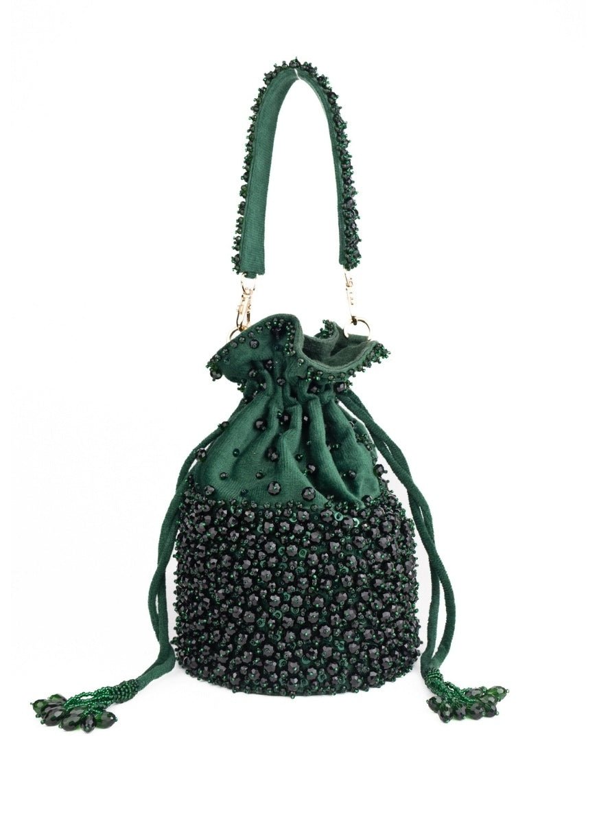 Green Suede Crystal Embellished Bucket Bag House of Kosha - Fabilicious Fashion
