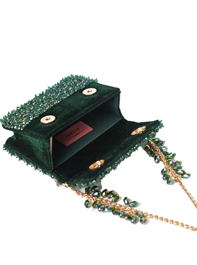Green Suede Crystal Embellished Mini Bag House of Kosha - Fabilicious Fashion
