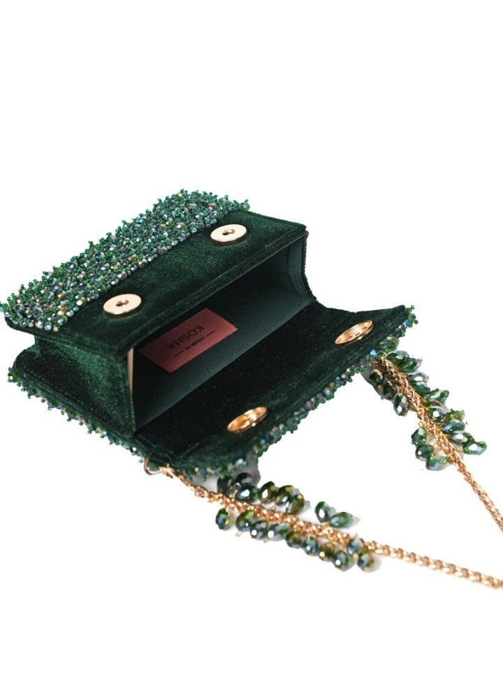 Green Suede Crystal Embellished Mini Bag House of Kosha - Fabilicious Fashion