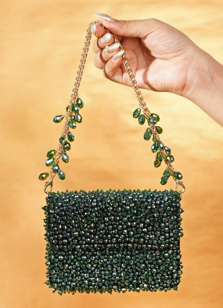 Green Suede Crystal Embellished Mini Bag House of Kosha - Fabilicious Fashion