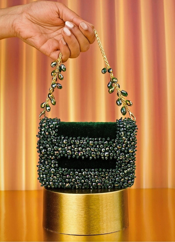 Green Suede Crystal Embellished Mini Bag House of Kosha - Fabilicious Fashion