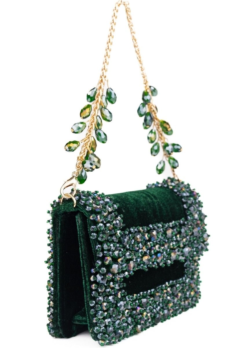 Green Suede Crystal Embellished Mini Bag House of Kosha - Fabilicious Fashion