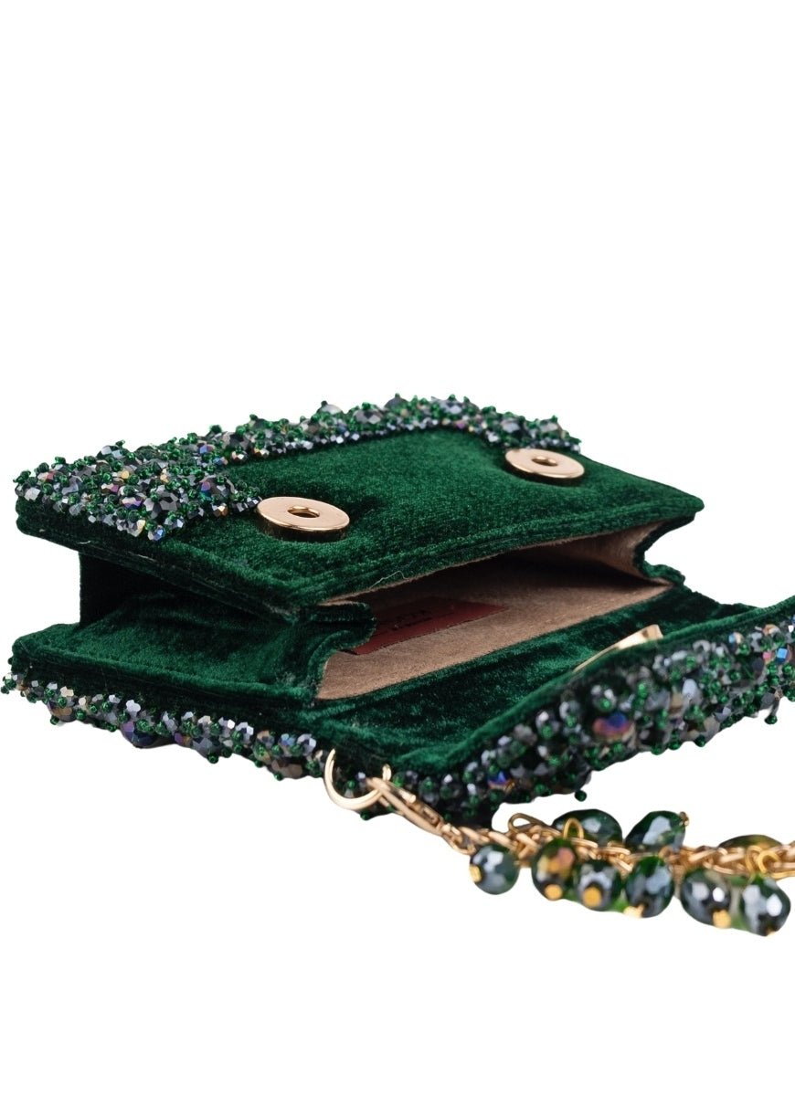 Green Suede Crystal Embellished Mini Bag House of Kosha - Fabilicious Fashion