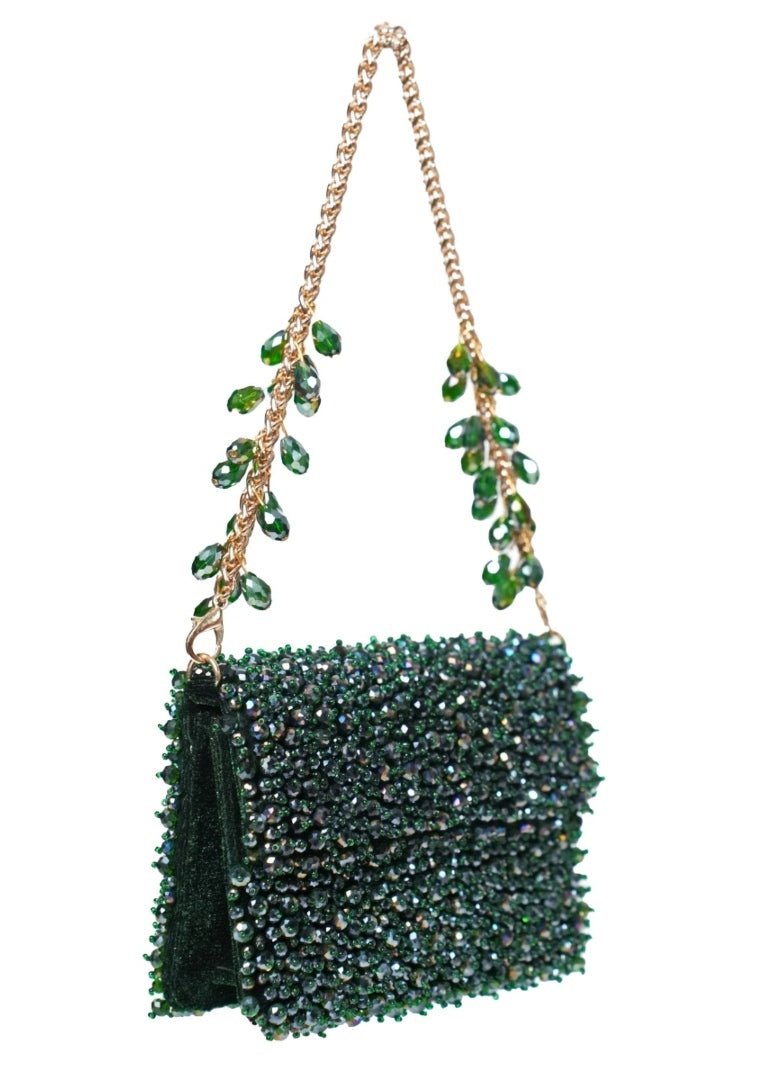 Green Suede Crystal Embellished Mini Bag House of Kosha - Fabilicious Fashion