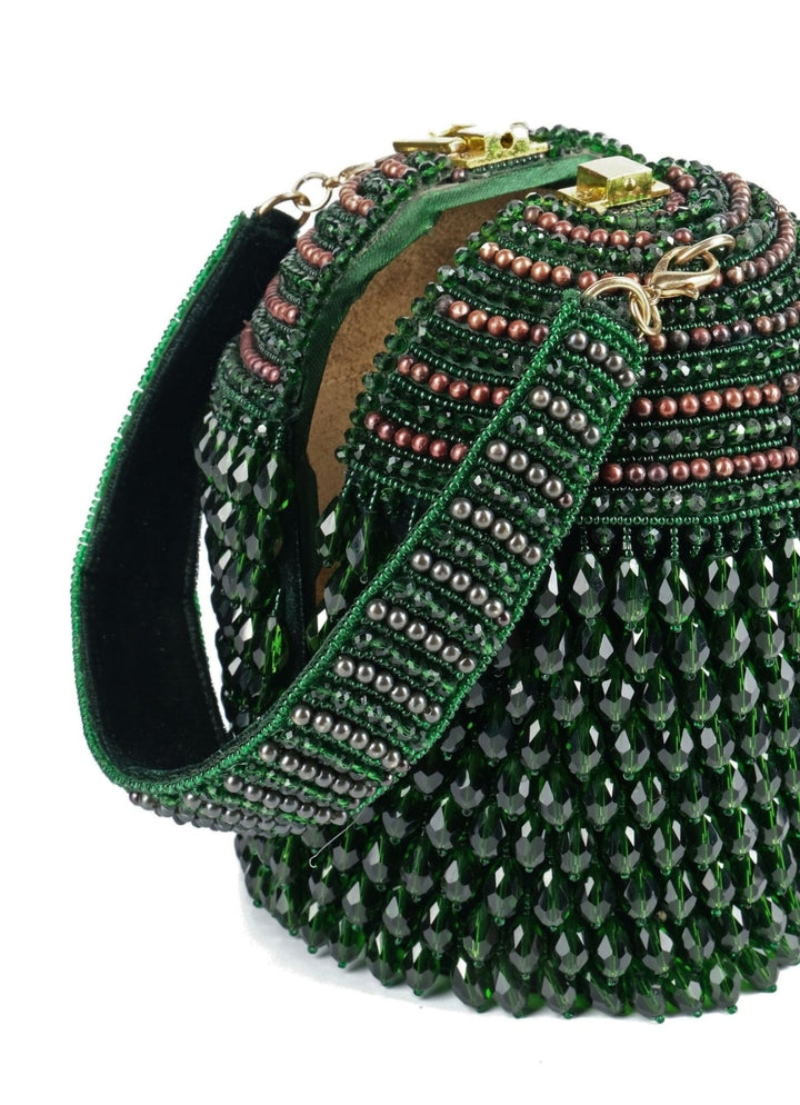 Green Suede Embellished Bucket Bag House of Kosha - Fabilicious Fashion