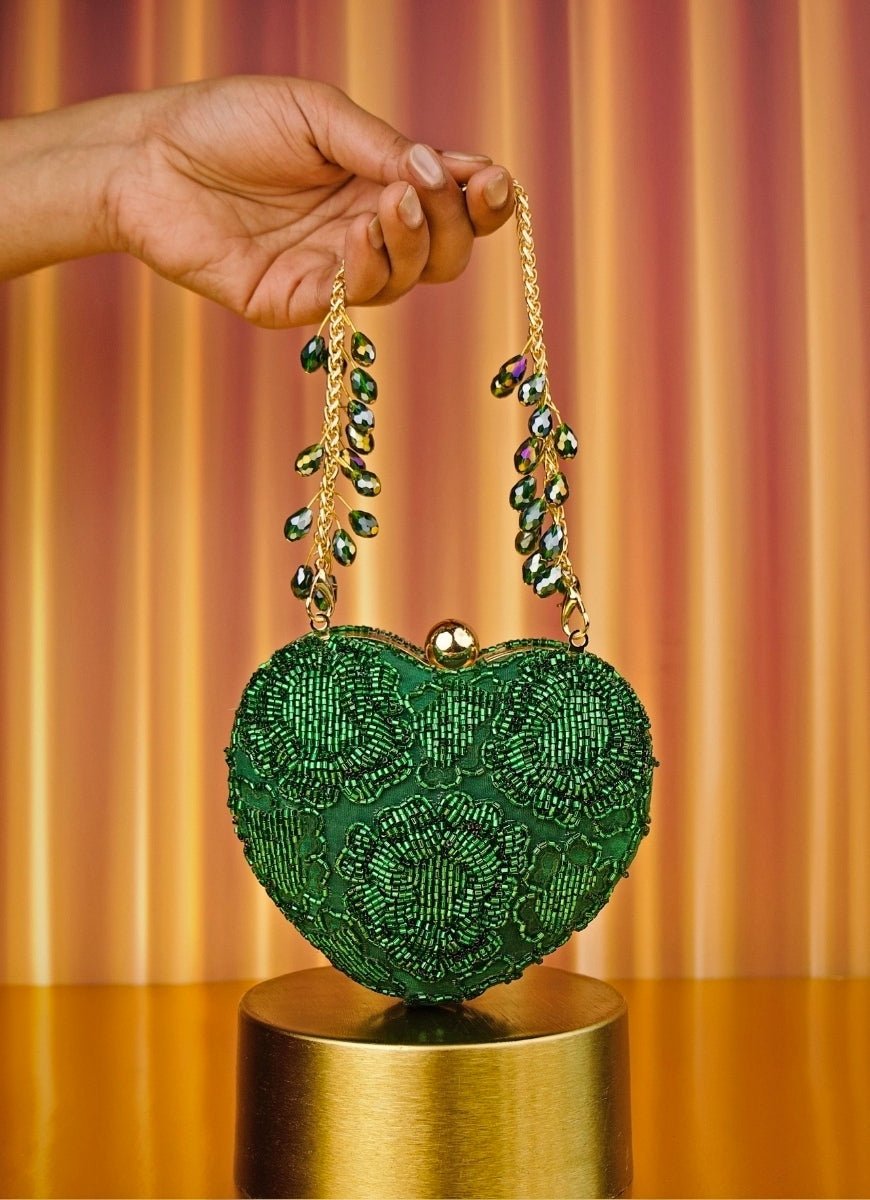 Green Suede Embellished Heart Bag House of Kosha - Fabilicious Fashion