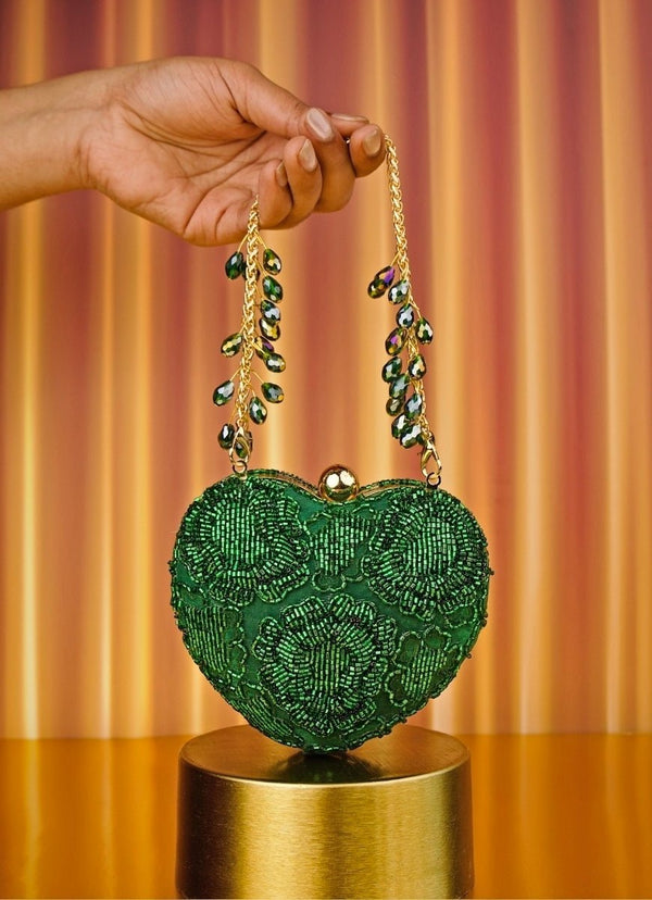 Green Suede Embellished Heart Bag