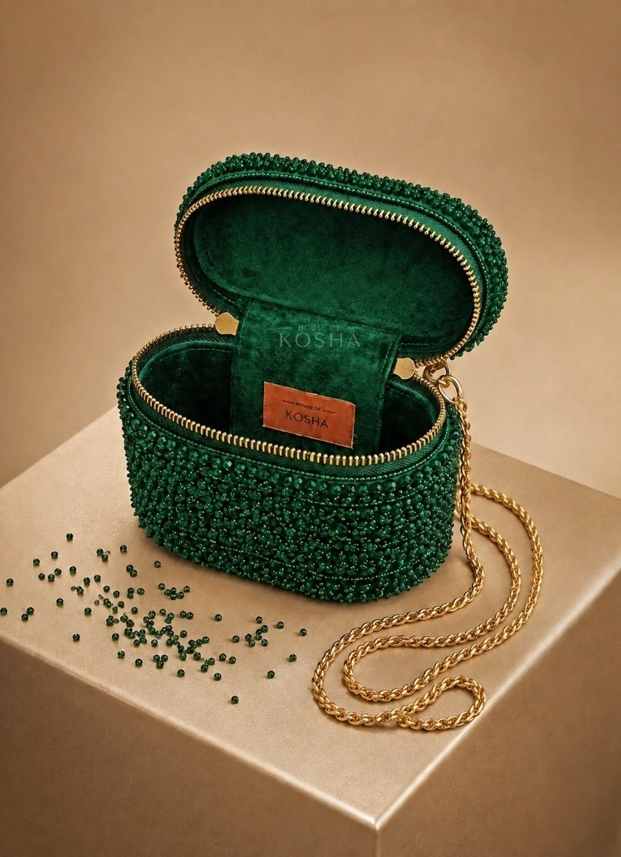House of Kosha Green Suede Embroidered Vanity BagFabilicious Fashion