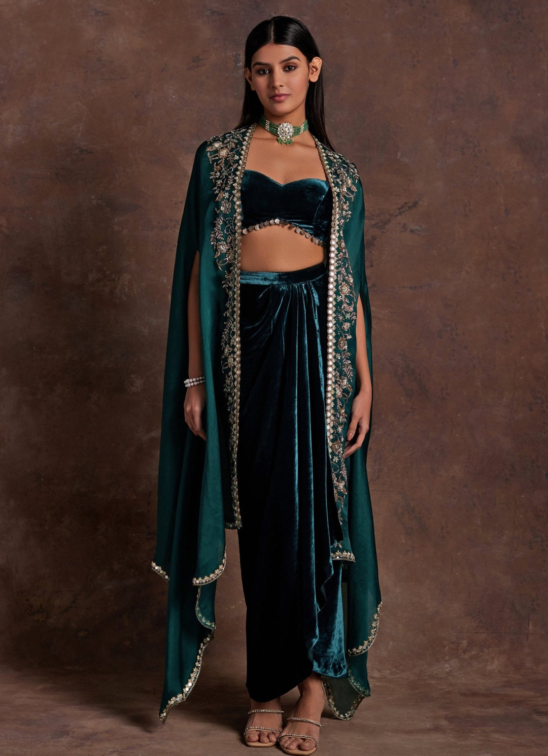 Green Velvet Drape Skirt Set With Organza Cape Sanya Gulati - Fabilicious Fashion