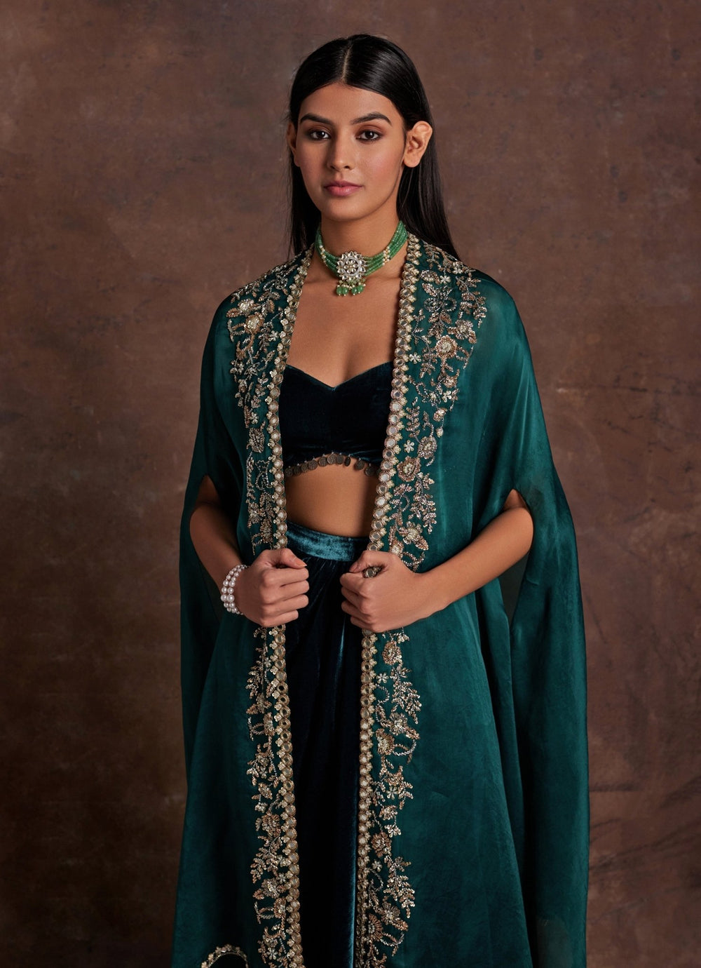 Green Velvet Drape Skirt Set With Organza Cape Sanya Gulati - Fabilicious Fashion