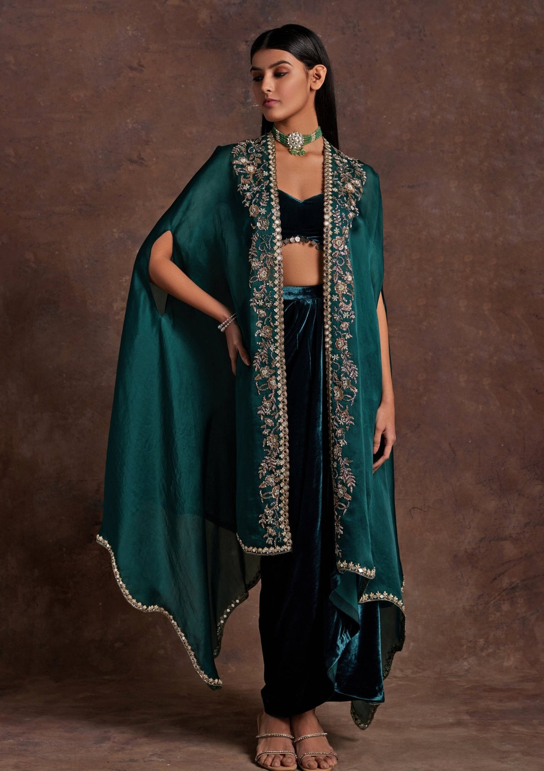 Green Velvet Drape Skirt Set With Organza Cape Sanya Gulati - Fabilicious Fashion