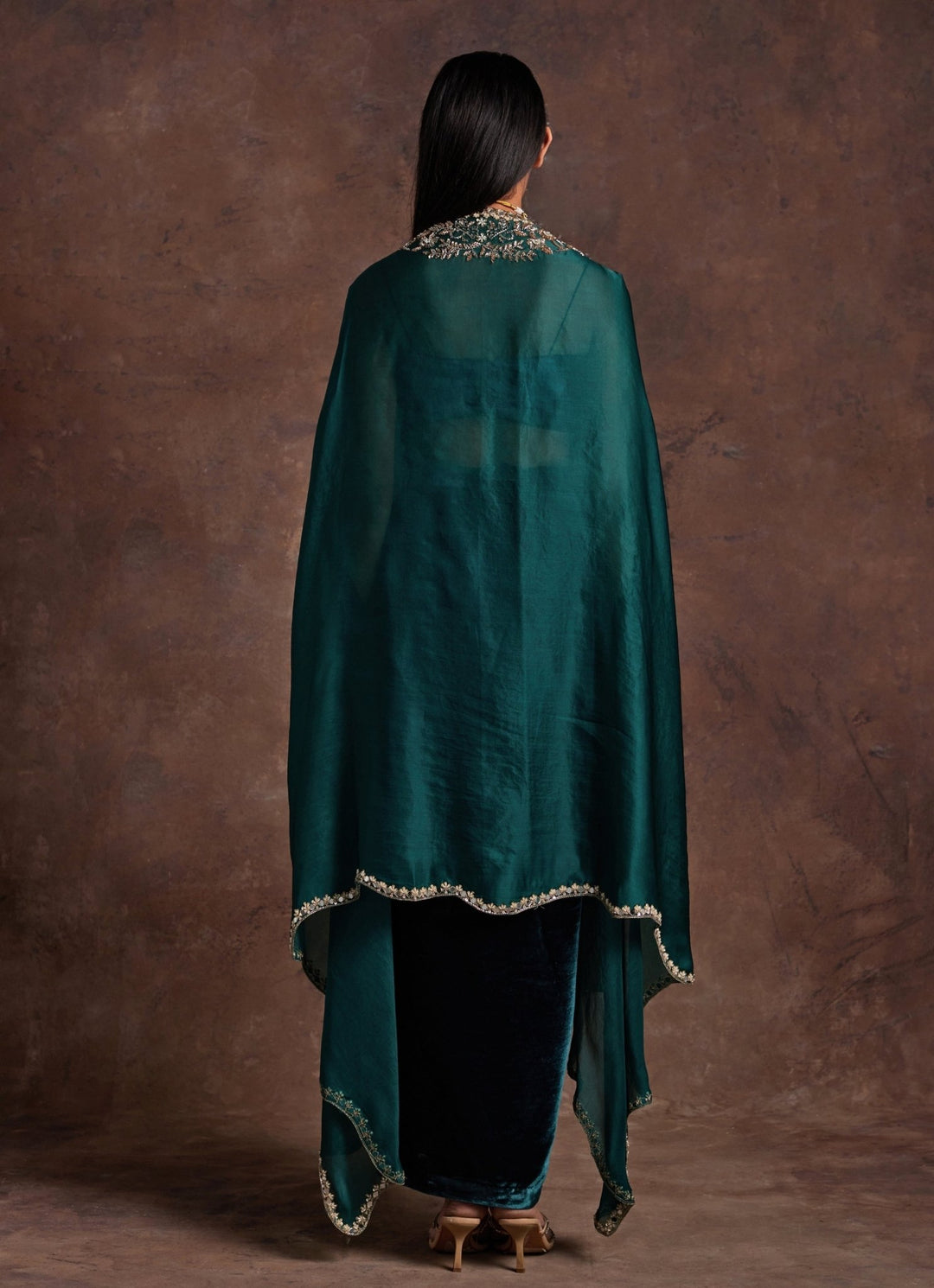 Green Velvet Drape Skirt Set With Organza Cape Sanya Gulati - Fabilicious Fashion