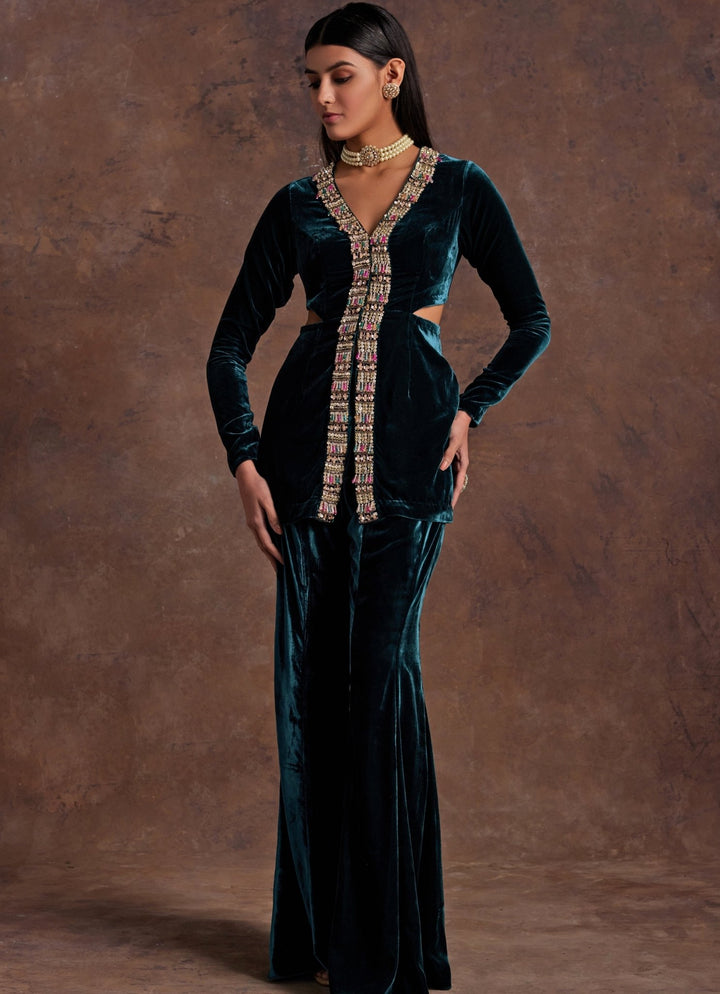 Green Velvet Embroidered Pants Set Sanya Gulati - Fabilicious Fashion