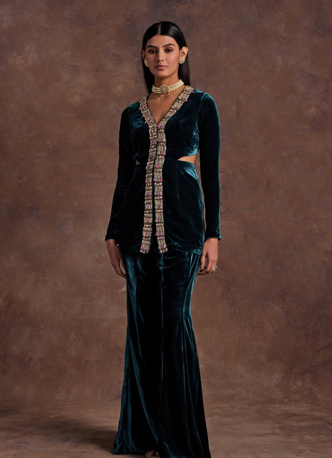 Green Velvet Embroidered Pants Set Sanya Gulati - Fabilicious Fashion